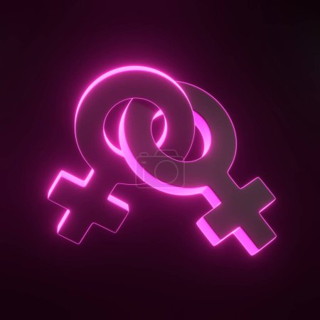 Photo for Female symbols intertwined with each other with bright glowing futuristic pink neon lights on black background. Sexual symbols. Sign of venus. Gender icon. Woman symbol. 3D render illustration - Royalty Free Image