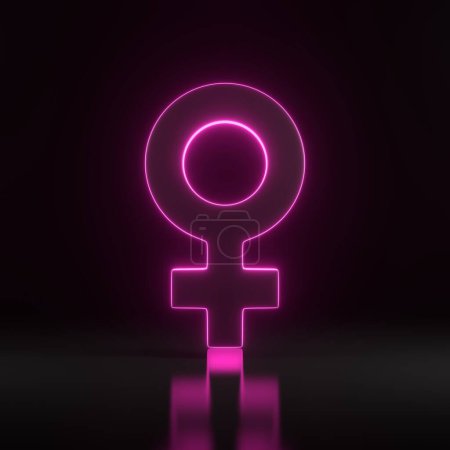Téléchargez les photos : Symbole féminin avec des lumières lumineuses au néon rose futuriste sur fond noir. Des symboles sexuels. Signe de Venue. Icône genre. Symbole de femme. Illustration de rendu 3D - en image libre de droit