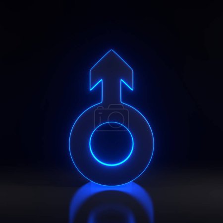 Photo for Male symbol with bright glowing futuristic blue neon lights on black background. Sexual symbols. Sign of mars. Gender icon. Man symbol. 3D render illustration - Royalty Free Image