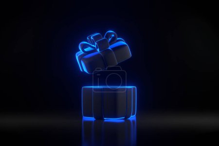Téléchargez les photos : Coffret cadeau avec des lumières lumineuses au néon bleu futuriste sur fond noir. Cadeau surprise festive. Illustration de rendu 3D - en image libre de droit