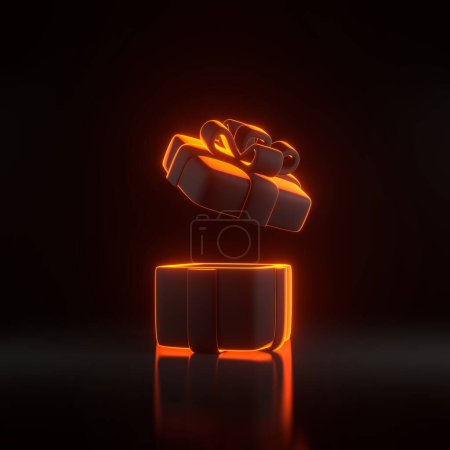 Téléchargez les photos : Coffret cadeau avec des lumières lumineuses au néon orange futuriste sur fond noir. Cadeau surprise festive. Illustration de rendu 3D - en image libre de droit