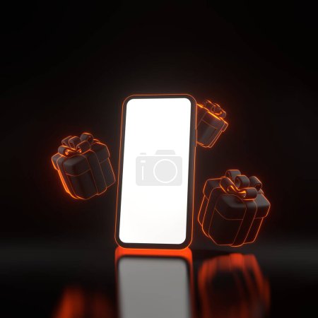 Photo for Gift boxes and mobile phone with bright glowing futuristic orange neon lights on black background. Holiday decoration. Festive gift surprise. 3D render illustration - Royalty Free Image