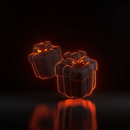 Téléchargez les photos : Les boîtes-cadeaux volent avec des lumières lumineuses au néon orange futuriste sur fond noir. Décoration de vacances. Cadeau surprise festive. Illustration de rendu 3D - en image libre de droit
