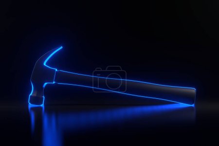 Téléchargez les photos : Griffe marteau avec des lumières au néon bleu futuriste lumineux sur fond noir. Illustration de rendu 3D - en image libre de droit