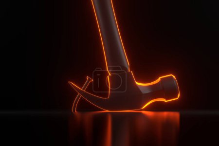 Photo for Claw hammer pulling a nail out of a plank with bright glowing futuristic orange neon lights on black background. 3D render illustration - Royalty Free Image