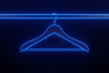 Téléchargez les photos : Support avec cintres à vêtements avec des lumières au néon bleu futuriste brillant sur fond noir. Illustration de rendu 3D - en image libre de droit