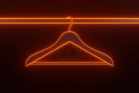 Photo for Rack with clothes hangers with bright glowing futuristic orange neon lights on black background. 3D render illustration - Royalty Free Image