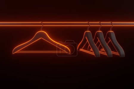 Photo for Rack with clothes hangers with bright glowing futuristic orange neon lights on black background. 3D render illustration - Royalty Free Image