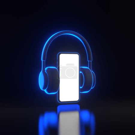 Photo for Headphones and smartphone with bright glowing futuristic blue neon lights on black background. Minimal creative concept. 3D render illustration - Royalty Free Image
