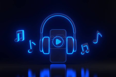 Photo for Headphones, smartphone and melody note and play symbol with bright glowing futuristic blue neon lights on black background. Concept of listening to music, radio, podcasts and books. 3D render - Royalty Free Image