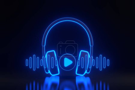 Photo for Headphones with play symbol and sound wave with bright glowing futuristic blue neon lights on black background. Minimal creative concept. 3D render illustration - Royalty Free Image