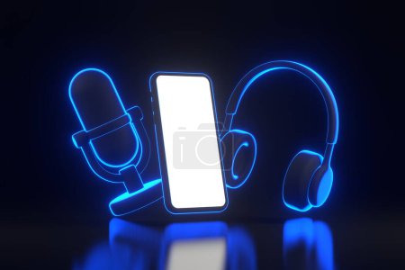 Mikrofon, Kopfhörer und Smartphone mit grell leuchtenden, futuristischen blauen Neonlichtern auf schwarzem Hintergrund. Minimales kreatives Konzept. 3D-Darstellung