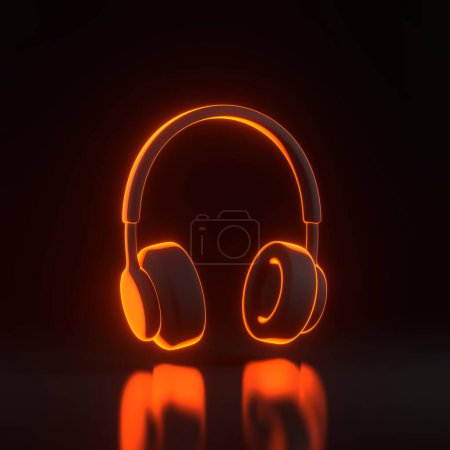 Foto de Auriculares con brillantes luces de neón naranjas futuristas sobre fondo negro. Concepto creativo mínimo. Ilustración de representación 3D - Imagen libre de derechos