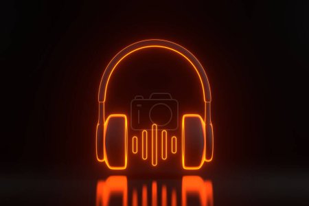 Téléchargez les photos : Casques et ondes sonores avec des lumières lumineuses au néon orange futuriste sur fond noir. Concept d'écoute de musique, radio, podcasts et livres. Illustration de rendu 3D - en image libre de droit