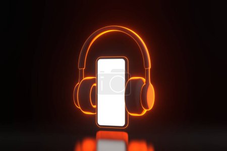 Foto de Auriculares y smartphone con brillantes luces de neón naranjas futuristas sobre fondo negro. Concepto creativo mínimo. Ilustración de representación 3D - Imagen libre de derechos