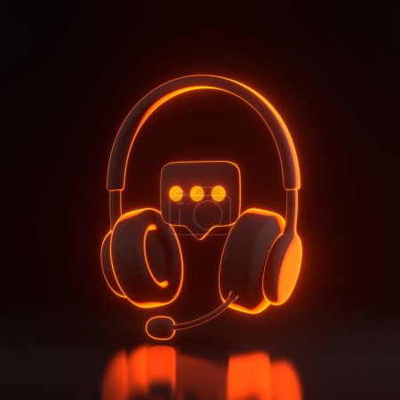 Photo for Headphones with speech bubble message flying with bright glowing futuristic orange neon lights on black background. Call center and online customer support. 3D render illustration - Royalty Free Image