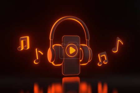 Photo for Headphones, smartphone and melody note and play symbol with bright glowing futuristic orange neon lights on black background. Concept of listening to music, radio, podcasts and books. 3D render - Royalty Free Image