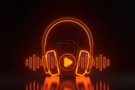 Photo for Headphones with play symbol and sound wave with bright glowing futuristic orange neon lights on black background. Minimal creative concept. 3D render illustration - Royalty Free Image