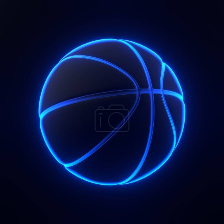 Photo for Basketball ball with bright glowing futuristic blue neon lights on black background. 3D icon, sign and symbol. Cartoon minimal style. 3D render illustration - Royalty Free Image