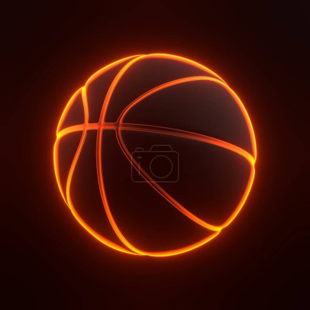 Foto de Baloncesto bola con brillantes luces de neón naranja futurista brillante sobre fondo negro. Icono 3D, signo y símbolo. Estilo minimalista de dibujos animados. Ilustración de representación 3D - Imagen libre de derechos