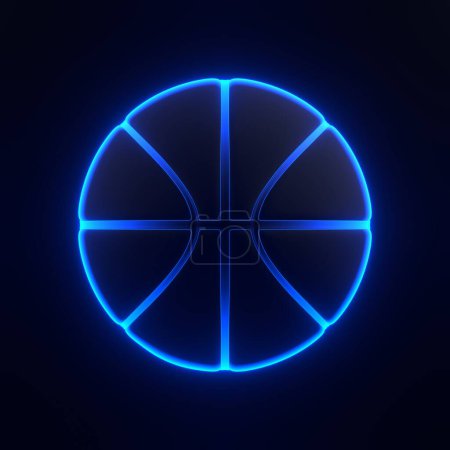 Photo for Basketball ball with bright glowing futuristic blue neon lights on black background. 3D icon, sign and symbol. Front view. 3D render illustration - Royalty Free Image