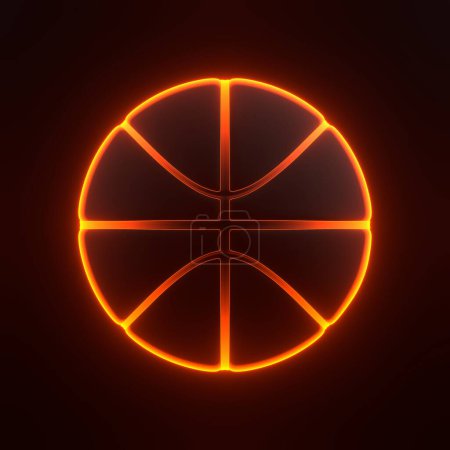 Photo for Basketball ball with bright glowing futuristic orange neon lights on black background. 3D icon, sign and symbol. Front view. 3D render illustration - Royalty Free Image
