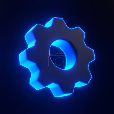 Photo for Gear icon with bright glowing futuristic blue neon lights on black background. 3D icon, sign and symbol. Cartoon minimal style. 3D render illustration - Royalty Free Image