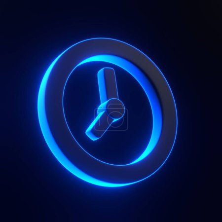 Téléchargez les photos : Icône de l'horloge avec des lumières au néon bleu futuriste brillant sur fond noir. Icône, signe et symbole 3D. Dessin animé style minimal. Illustration de rendu 3D - en image libre de droit