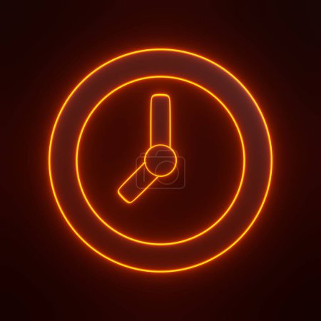 Téléchargez les photos : Icône de l'horloge avec des lumières lumineuses au néon orange futuriste sur fond noir. Icône, signe et symbole 3D. Vue de face. Illustration de rendu 3D - en image libre de droit