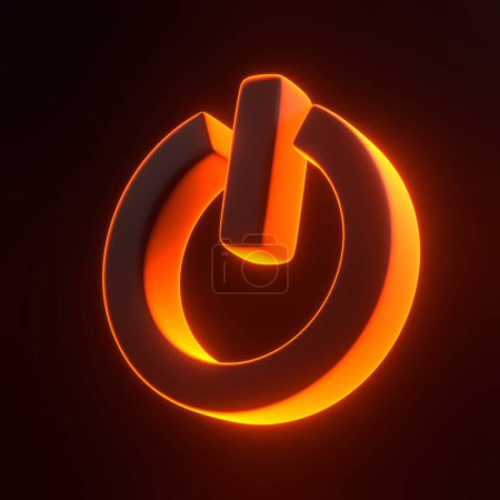 Téléchargez les photos : Bouton Power Off avec des lumières lumineuses au néon orange futuriste sur fond noir. Icône, signe et symbole 3D. Dessin animé style minimal. Illustration de rendu 3D - en image libre de droit