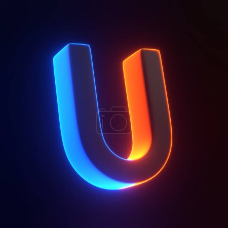 Photo for Magnet with bright glowing futuristic blue and orange neon lights on black background. 3D icon, sign and symbol. Cartoon minimal style. 3D render illustration - Royalty Free Image