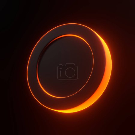 Photo for Coin with bright glowing futuristic orange neon lights on black background. 3D icon, sign and symbol. Cartoon minimal style. 3D render illustration - Royalty Free Image