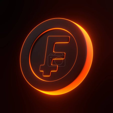 Photo for Coin with franc with bright glowing futuristic orange neon lights on black background. 3D icon, sign and symbol. Cartoon minimal style. 3D Rendering Illustration - Royalty Free Image