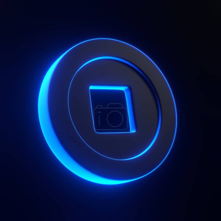 Photo for Ancient old coin of China, with square hole with bright glowing futuristic blue neon lights on black background. 3D icon, sign and symbol. Cartoon minimal style. 3D render illustration - Royalty Free Image