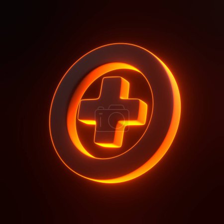 Photo for Plus symbol with bright glowing futuristic orange neon lights on black background. 3D icon, sign and symbol. Cartoon minimal style. 3D render illustration - Royalty Free Image