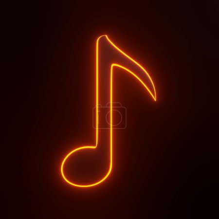 Téléchargez les photos : Note de musique avec des lumières lumineuses au néon orange futuriste sur fond noir. Icône, signe et symbole 3D. Vue de face. Illustration de rendu 3D - en image libre de droit