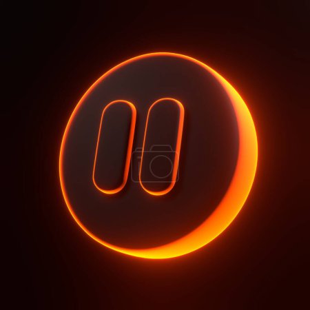 Foto de Botón de pausa redonda con brillantes luces de neón naranjas futuristas sobre fondo negro. Icono 3D, signo y símbolo. Estilo minimalista de dibujos animados. Ilustración de representación 3D - Imagen libre de derechos