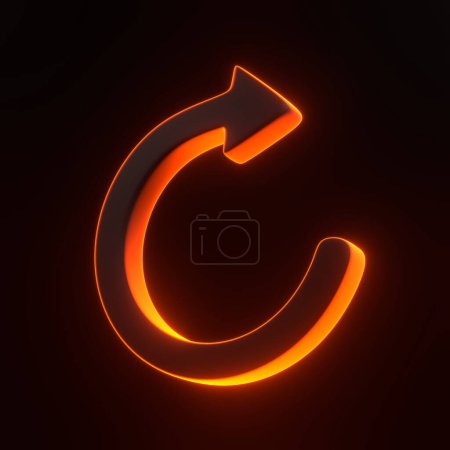 Téléchargez les photos : Icône flèche, symbole de mise à jour avec des lumières lumineuses au néon orange futuriste sur fond noir. Icône, signe et symbole 3D. Dessin animé style minimal. Illustration de rendu 3D - en image libre de droit