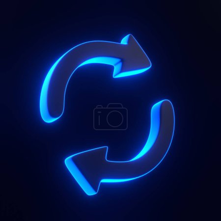 Foto de Icono de dos flechas, símbolo de actualización con brillantes luces de neón azul futurista sobre fondo negro. Icono 3D, signo y símbolo. Estilo minimalista de dibujos animados. Ilustración de representación 3D - Imagen libre de derechos