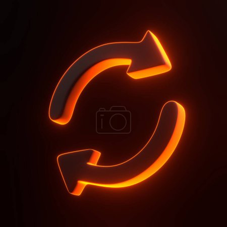 Téléchargez les photos : Icône à deux flèches, symbole de mise à jour avec des lumières lumineuses au néon orange futuriste sur fond noir. Icône, signe et symbole 3D. Dessin animé style minimal. Illustration de rendu 3D - en image libre de droit