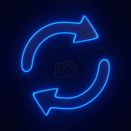 Photo for Two arrows icon, update symbol with bright glowing futuristic blue neon lights on black background. 3D icon, sign and symbol. Front view. 3D render illustration - Royalty Free Image