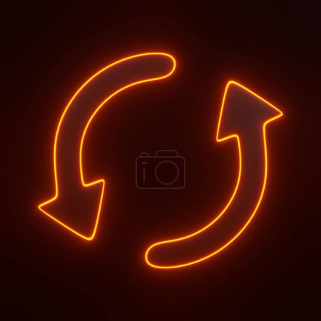Téléchargez les photos : Icône à deux flèches, symbole de mise à jour avec des lumières lumineuses au néon orange futuriste sur fond noir. Icône, signe et symbole 3D. Vue de face. Illustration de rendu 3D - en image libre de droit