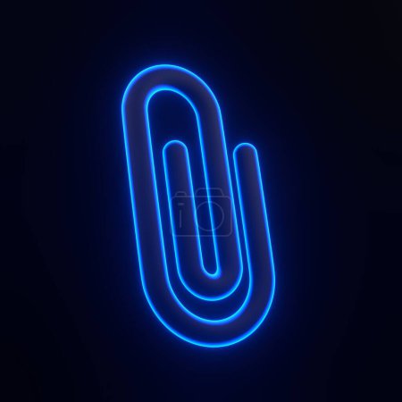Photo for Paper clip with bright glowing futuristic blue neon lights on black background. 3D icon, sign and symbol. Cartoon minimal style. 3D render illustration - Royalty Free Image