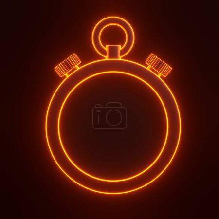 Téléchargez les photos : Chronomètre avec des lumières lumineuses au néon orange futuriste sur fond noir. Vue de face. Illustration de rendu 3D - en image libre de droit