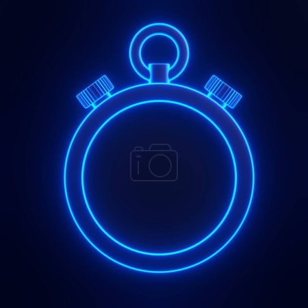 Téléchargez les photos : Chronomètre avec des lumières lumineuses néon bleu futuriste lumineux sur fond noir. Vue de face. Illustration de rendu 3D - en image libre de droit