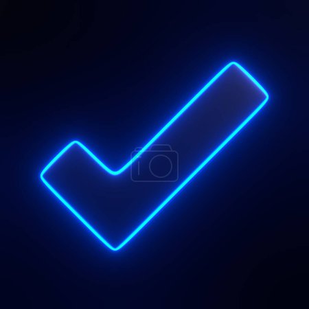 Photo for Check mark with bright glowing futuristic blue neon lights on black background. 3D icon, sign and symbol. Front view. 3D render illustration - Royalty Free Image