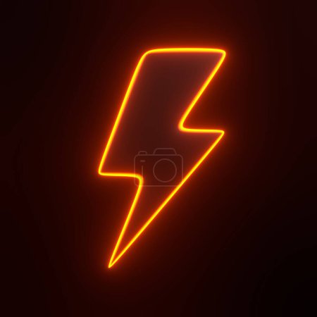 Photo for Lightning bolt icon with bright glowing futuristic orange neon lights on black background. 3D icon, sign and symbol. Front view. 3D render illustration - Royalty Free Image