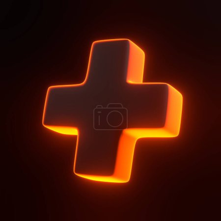 Foto de Signo Plus con brillantes luces de neón naranjas futuristas sobre fondo negro. Icono 3D, signo y símbolo. Estilo minimalista de dibujos animados. Ilustración de representación 3D - Imagen libre de derechos