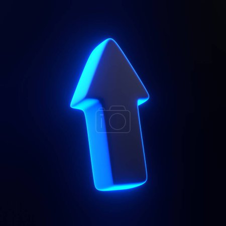 Photo for Up arrow with bright glowing futuristic blue neon lights on black background. 3D icon, sign and symbol. Cartoon minimal style. 3D render illustration - Royalty Free Image