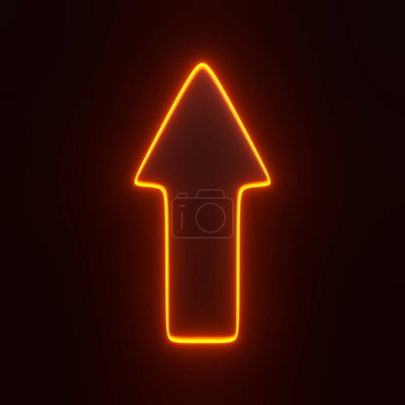 Téléchargez les photos : Flèche vers le haut avec des lumières lumineuses au néon orange futuriste sur fond noir. Icône, signe et symbole 3D. Vue de face. Illustration de rendu 3D - en image libre de droit